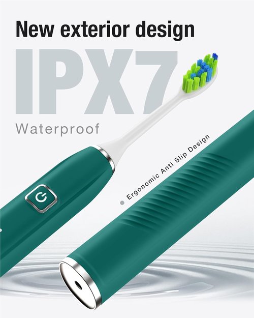 7AM2M Ultrasonic Electric Toothbrush with 6 Brush Heads for Adults&Kids, One Charge for 120 Days, Type-C Charge, 5 Modes, 40000VPM Powered Toothbrush, 2 Minutes Built in Smart Timer (Peacock Green)