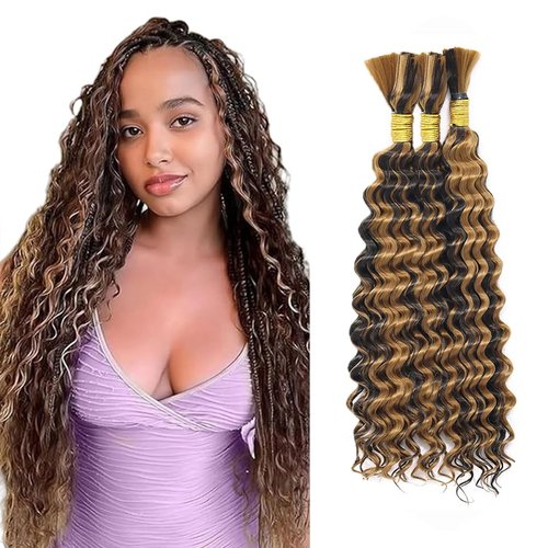 P4/27 Highlight Blonde Human Braiding Hair Deep Wave Bulk 18 18 18 Inch Brown Deep Wave Braiding Hair Extensions Unproceesed Virgin Hair 50 Gram Per Bundle 3 Bundle