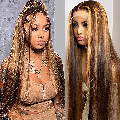 Lemoda Outlet Deals 13x6 Highlight Ombre Lace Front Wig Human Hair 180 Density 28 Inch Straight Transparent Lace Pre Plucked Honey Blonde Human Hair Wigs for Women P4/27 Color