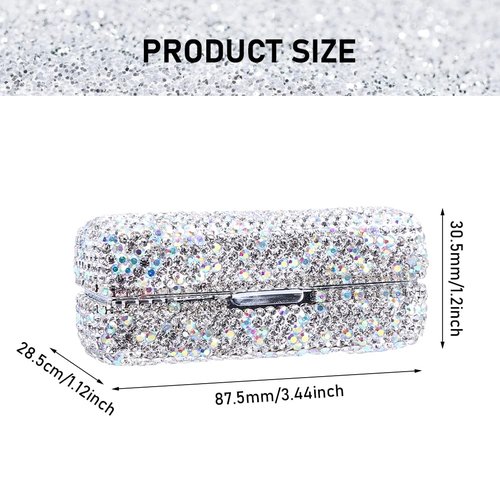 Homfanseec Rhinestone Lipstick Case with Mirror, Bling Crystal Lipstick Case Diamonds Makeup Cosmetic Storage Box Holder for Purse Ladies Fashion (Silver Color)