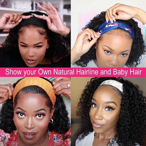 mengkai 12 Inch Headband Wig Human Hair Curly Headband Wigs for Women Brazilian Virgin Curly Human Hair Wigs Glueless Curly Wigs Natural Black