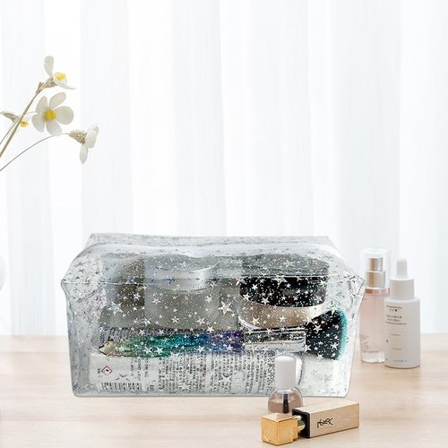 TotePrint 1PCS Star Printing Clear Cosmetics Makeup Bag Waterproof Travel Toiletry Storage Bag Vinyl Plastic PVC Zippered Organizer for Girls Friends Women (pink)