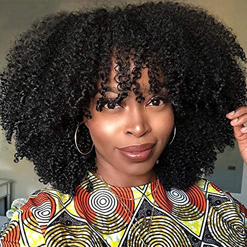 Afro Kinky Curly Wig With Bangs Full Machine Made Scalp Top Wig 200 Density Brazilian Short Curly Human Hair Wigs Natural Color 18 Inch