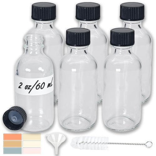 Zkupanx 6 Pack 2oz Small Clear Glass Bottles with Lids, Leak-proof 60mL Shot Bottles with Caps for Wellness, Ginger, Essential Oils, Liquids, Potion, Juice, Personal Care & Beauty