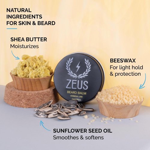 ZEUS Beard Balm, Natural Beeswax & Shea Butter Balm, Softening Conditioner for Facial Hair – MADE IN USA (Sandalwood) 2 oz.
