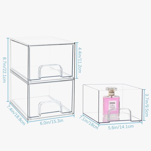 Hykeen 3 Pack Stackable Makeup Organizers, Acrylic Drawers Bathroom Storage, Clear Plastic Cosmetics Storage Bins for Vanity, Undersink, Skincare, Kitchen Cabinets, Pantry Organization