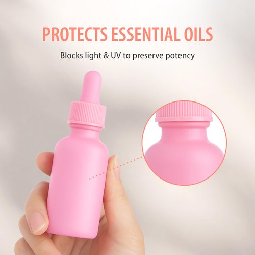 24 Pink Coated 1 oz Glass Boston Round Dropper Bottles For Essential Oils, Aromatherapy and Skin Care