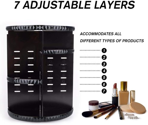 sanipoe Rotating Makeup Organizer,DIY Adjustable Spinning Holder,Foldable Cosmetic Storage Display box,Large Capacity Make up Caddy Shelf,Fits Countertop Vanity and Bathroom (Black)