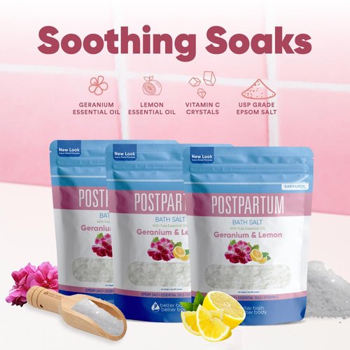 Postpartum Bath Salt (3 Pack with Scoop) Postpartum Bath Soaks USP Grade Epsom Salt with Pure Essential Oils in BPA Free Pouch with Press Lock Seal Made in USA Three 2 Lbs Pouches 6 Lbs Total