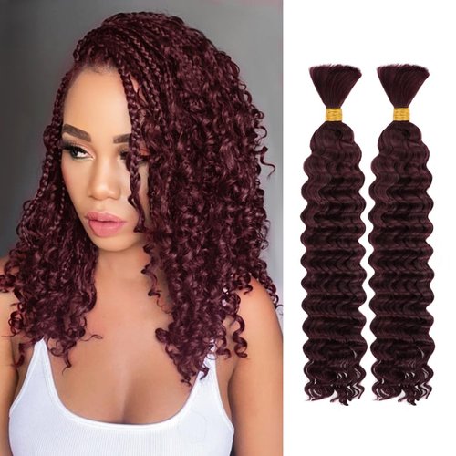 Human Braiding Hair, 2 Bundle 100g 16 Inch Boho Braids Human Hair 10A Deep Wave Bulk Brazilian Virgin No Weft Wavy Hair Extension for Boho Knotless Bohemian Micro Braid Bulk for Braiding 99J