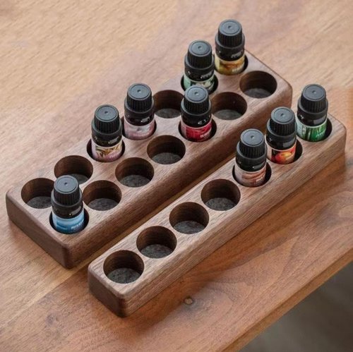 AXUYU Wooden 7/14 Slots Essential Oil Organizer, Nail Polish Shelf, Durable wood Makeup Display Stand, Makeup Storage Rack for Tabletop Essential Oils Perfume Rack for 10-20ml Bottles (7 Slots)