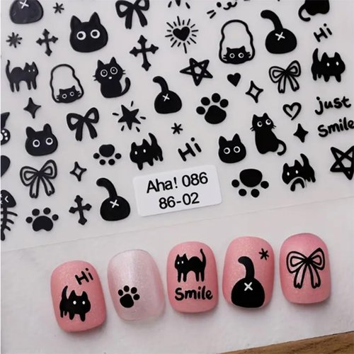 2 Pcs Cute Nail Art Stickers Cute Dog Self-Adhesive DIY Nail Decals Black White Cat Nail Stickers for Nail Art Kawaii Cat Nail Decals Cartoon Bow Heart Design for Women Nail Decorations