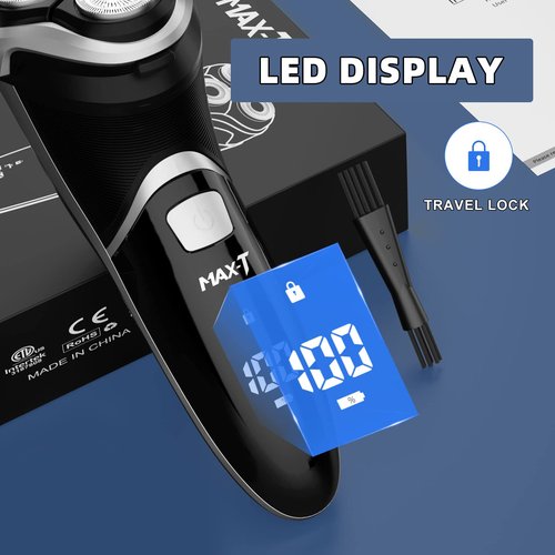 MAX-T Men's Electric Shaver - Corded and Cordless Rechargeable 3D Rotary Shaver Razor for Men with Pop-up Sideburn Trimmer Wet and Dry Painless 100-240V Black (Metal Black)
