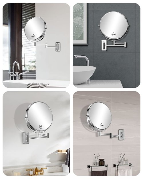 Gospire 9 Inch Extra Large Wall Mounted Mirror with 1X/10X Magnification, 360° Swivel & Extendable, Chrome Polished Finish for Bathroom Vanity, Shaving & Makeup (Men & Women)