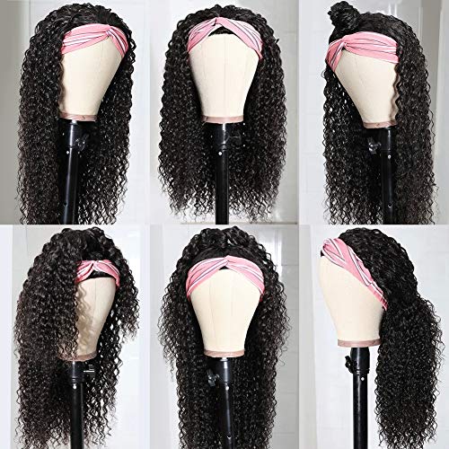 Eooma Curly Headband wig Human Hair 16 inch No Gel Kinky Curly Headband Wigs for Black Women 180 Density Scarf None Lace Front Wigs Human Hair