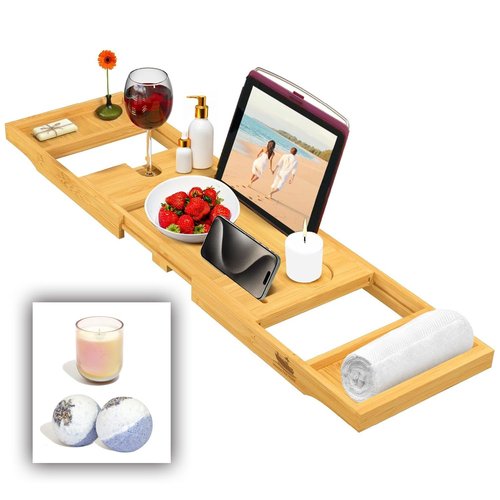 TranquilTideHome Foldable Bathtub Tray Expandable to 109cm with Bath Bomb and Scented Candle, Adjustable, Waterproof Bamboo Bathtub Caddy with Anti Slip Grip Pads for Home Spa