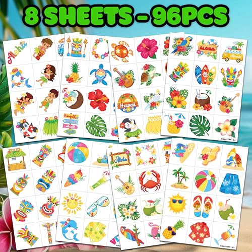 96 PCS Hawaiian Luau Pre-Cut Temporary Tattoos for Kids | Super Cute Themed Birthday Party Favors, Supplies, Decorations, Summer Fake Tattoo Stickers (Multiple)