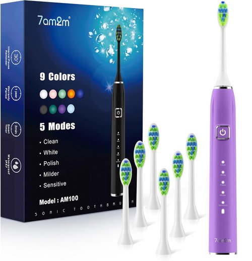 7AM2M Ultrasonic Electric Toothbrush with 6 Brush Heads for Adults&Kids, One Charge for 120 Days, USB-C Charge, 5 Modes, 40000VPM Powered Toothbrush, 2 Minutes Built in Smart Timer (Purple)