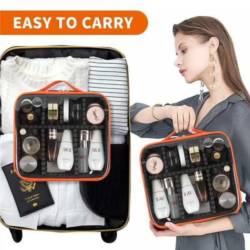 Furita Clear Makeup Bag 10.6X3.7X8.7 inch Travel Cosmetic Organizer Case for Women with Handle and Detachable Dividers, Portable Waterproof Makeup Bag, Gift for Women, Gift for Girls, Orange