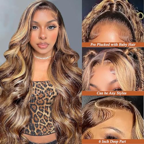 Ombre Lace Front Wig Human Hair 13x6 Body Wave HD Lace Front Wigs Human Hair Pre Plucked Honey Blonde Highlight HD Lace Frontal Wig 13x6 200 Density Colored 24 Inch