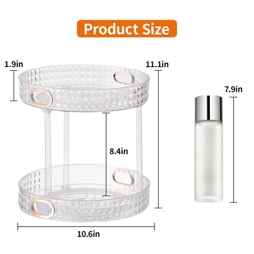 Xonusin 360° Rotating Makeup Organizer, 2 Tier Large Perfume Organizers with Portable Handle for Vanity Bathroom Countertop, Bathroom Counter Organizer for Cosmetics Skincare Perfume