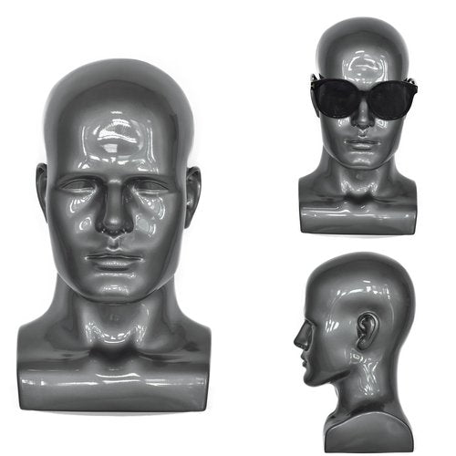 VEELTRAS Male Mannequin Head PVC Professional Head Model Training Display for Wigs Hat Mask Scarf Sunglasses with Mount Hole (sliver grey)