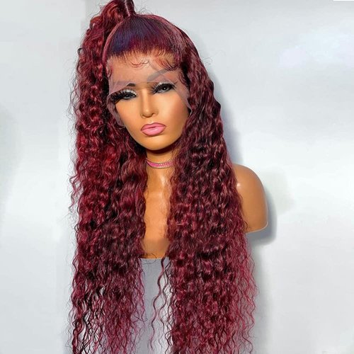 zikria Burgundy 99J Colored Curly Human Hair Lace Front Wigs 13X4 Transparent Lace Front Wigs Human Hair 150% Density Brazilian Virgin Hair Pre Plucked with Baby Hair 20 Inch