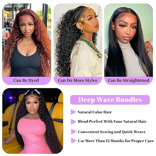 20 22 24 Inch Deep Wave Human Hair Bundles 100% Unprocessed Brazilian Virgin Hair, 3 Bundles, Deep Curly, Black,Sew-In Installation, Wavy Style Keep Texture Silky Soft