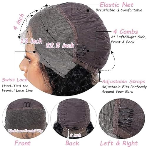 Deep Wave Bob Wig Human Hair 14 Inch 13x4 Lace Front Bob Wigs Human Hair Pre Plucked 180 Density HD Transparent Lace Front Human Hair Wigs for Black Women Natural Black