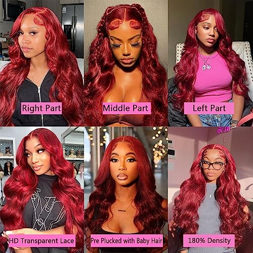 MUPRETTY 26Inch Body Wave Lace Front Wig - Burgundy, 13x4, 180% Density HD Lace Human Hair Wig for Women