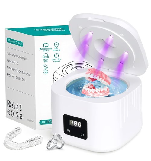 Retainer Ultrasonic Denture Cleaner Machine, 49kHz Dental Night Guard Cleaning Tablets Ultra Sonic Dental Tools for Aligner, Braces, Toothbrush Head & Jewelry with Digital Timer & 3 Mode White