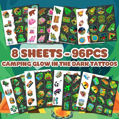 96 PCS Camp Camping Pre-Cut Luminous Glow in the dark Temporary Tattoos for Kids Themed Birthday Party Supplies Favors Decorations 8 Sheets Super Cute Fake Tattoo Stickers Gifts For Boys Girls Rewards