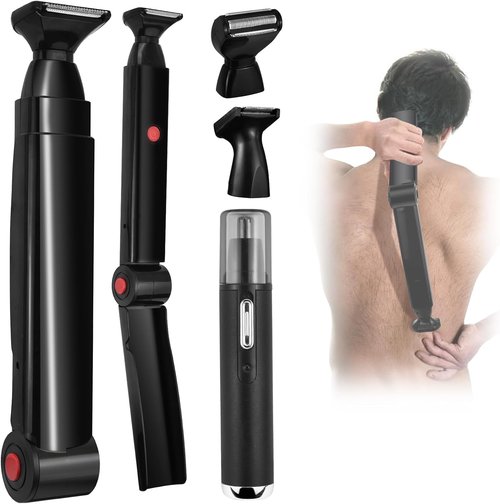 ETbyto Back Shavers for Men Long Handle，Multifunctional Self-Service Electric Back Hair Razor with Adjustable Handle，Men's Back Shaver wiht Nose Hair Trimmer Set and 2 Shock Absorber Flex Heads,Black