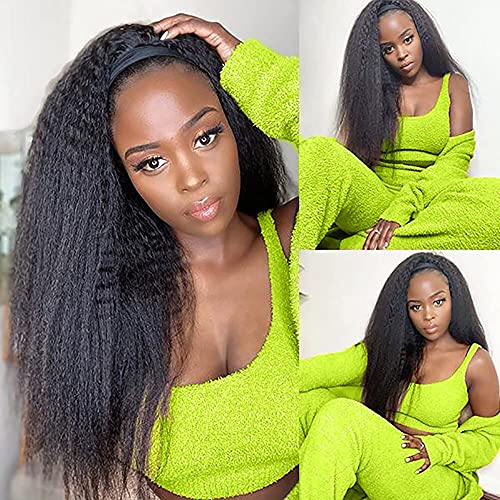 Headband Wigs Human Hair 180% Density 12A Kinky Straight Human Hair Headband Wigs For Black Women Yaki Straight Human Hair Wigs With Headband Attached Natural Black Color 24 Inch