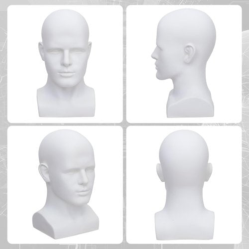 AMLUCKS Male Mannequin Head Professional PVC Manikin Head for Display Wigs Hats Headphone Mask Sunglasses Scarf Jewelry Display Stand (White)