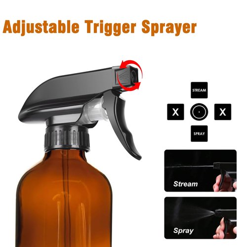 8oz Amber Glass Spray Bottles - 2 Pack Empty Refillable Bottles for Cleaning, Hair Care, Essential Oils, Plants - Includes Durable Nozzle, Labels, Funnel & Dropper, Handheld Size