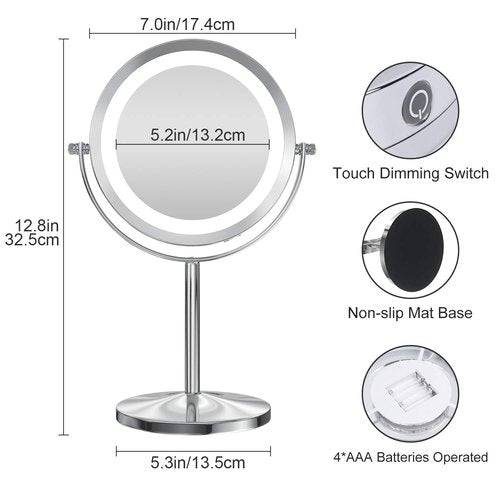 Gospire LED Makeup Mirror 1x/10x Magnifying with Touch Screen Adjustable LED Light, 7" Lighted Vanity Swivel Mirror Double Sided Cosmetic Mirror (Silver-Dimmable Switch)