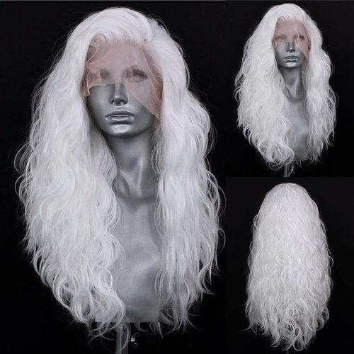 RDY 24" White Lace Front Synthetic Wig Loose Water Wave Heat Fiber Hair Natural Looking Long Wavy Lace Front Wigs for Women Half Hand Tied Wig Cosplay Daily Use Hair