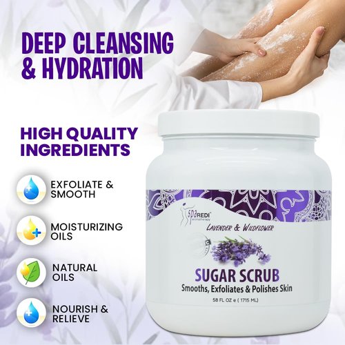 SPA REDI Sugar Scrub - Exfoliating, Moisturizing, Hydrating and Nourishing, Glow, Polish, Smooth and Fresh Skin - Body Exfoliator, Lavender & Wildflower - 58 Ounces