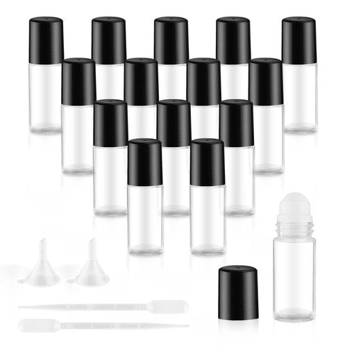 DynnnDy 15Pcs 30ml/1oz Empty Galss Roller Bottles with Black Lid Clear Roll On Deodorant Bottles Refillable Cosmetic Containers for Aromatherapy Essential Oil Lotion Perfume,2 Funnels & 2 Pipettes
