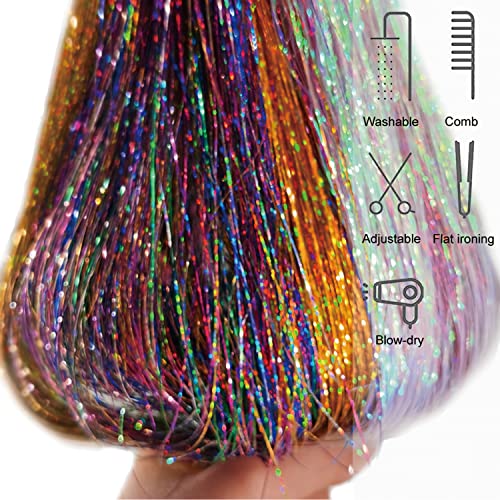 Colorful Hair Tinsel Kit with Tool 6pcs 1200 Strands Glitter Tinsel Hair Extensions Heat Resistant Sparkling Shiny Fairy Hair Accessories for Women Girls Kids 47Inch