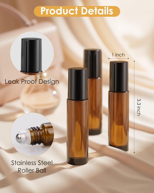 Worldgsb 4 Pack Essential Oil Roller Bottles, 10ml Refillable Amber Glass Roller Bottles with Stainless Steel Roller Balls and Caps for Travel, Perfume and Lip Gloss