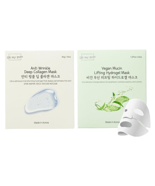 Oh My Pure Hydrogel Collagen Korean Face Mask 5+5 EA Luxury Skin Care (AntiWrinkle, Vegan Mucin) (Variety 10)