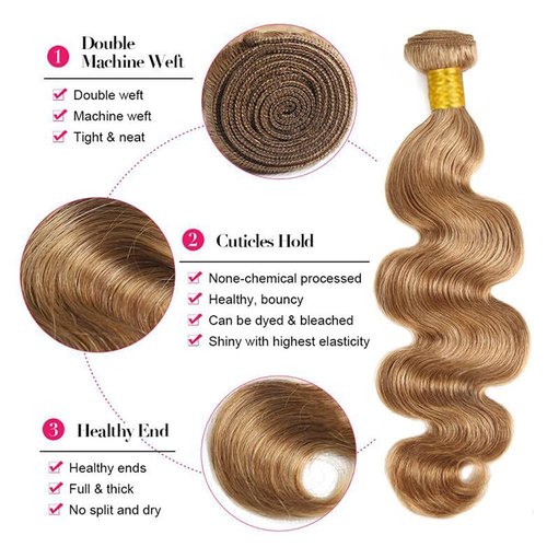Wahairse Human Hair Bundles 14 16 18 Inch Body Wave 27# Color Human Hair Unprocessed Brazilian Virgin 3 Bundles Quick Weave Human Hair Extensions (27# Body Wave,14 16 18)