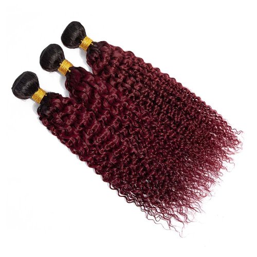 Burgundy Curly Bundles Human Hair Ombre Burgundy Human Hair Bundles 1B99J Bundle 12 14 16 Inch Double Weft Brazilian Virgin Remy Hair Extensions For Women Deals 300G