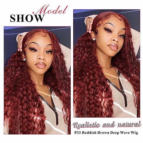 Reddish Brown Deep Wave Lace Front Wigs Human Hair 33b Color 13x4 HD Lace Frontal Wig for Women 180% Density Glueless Copper Red Curly Wig Pre Plucked 26 Inch