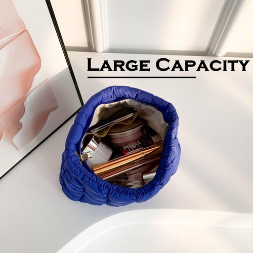 HFLZBRO Puffy Quilted Makeup Bag for Women, Cosmetic Bag, Travel Toiletry Organizer Pouch Clutch (blue)