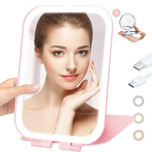 Koolstuffs Travel Mirror with Light, Rechargeable Portable Makeup Mirror with Battery-Powered, 3 Colors LED Lighting, Dimmable Touch Screen Vanity Lighted Mirror