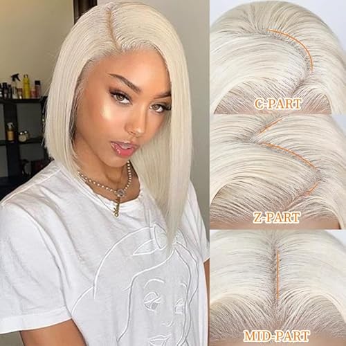 Glueless Full Frontal Platinum Blonde Bob Wig Human Hair Pre Plucked Pre Cut White Blonde Wig Ash Silver Short 13x4 UHD 613 Lace Front Wigs Human Hair for Women Real Hair Daily Party 12Inch 180%