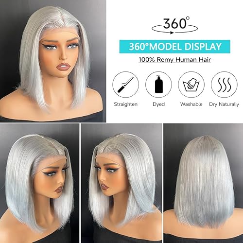 Silver Grey 13x4 Lace Front Bob Wig Brazilian Virgin Human Hair Wig Pre Plucked Hairline with Baby Hair UHD Transparent Lace Natural Looking Bleach Knots Glueless Wigs for Women 180% Density 14 Inch